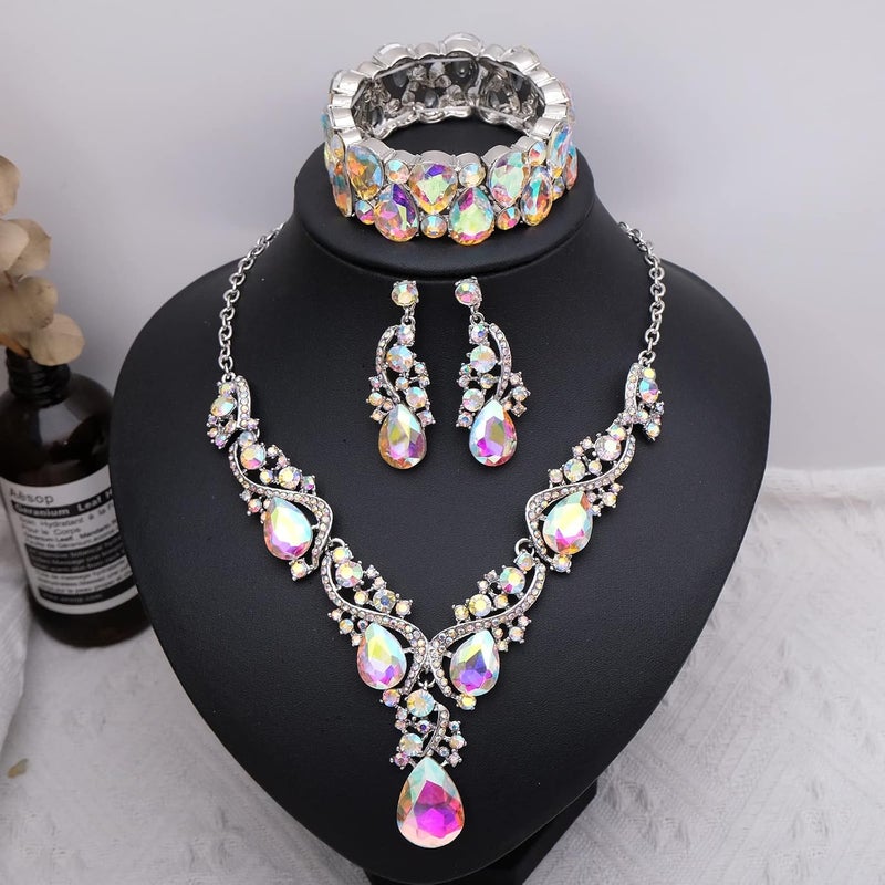 CSY Women's Elegant Bridal Necklace Earrings Stretch Bangle Bracelsts Set for Bride Bridesmaid Wedding Teardrop Crystal Costume Jewelry Sets - Image 3